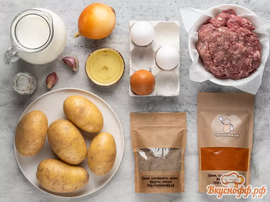 Гратен из картофеля с фаршем - Ингредиенты и состав рецепта
