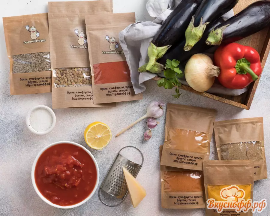 Фаршированные баклажаны с чечевицей в томатном соусе - Ингредиенты и состав рецепта