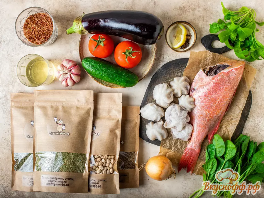 Морской окунь с овощами, осьминогом и нутом в духовке - Ингредиенты и состав рецепта