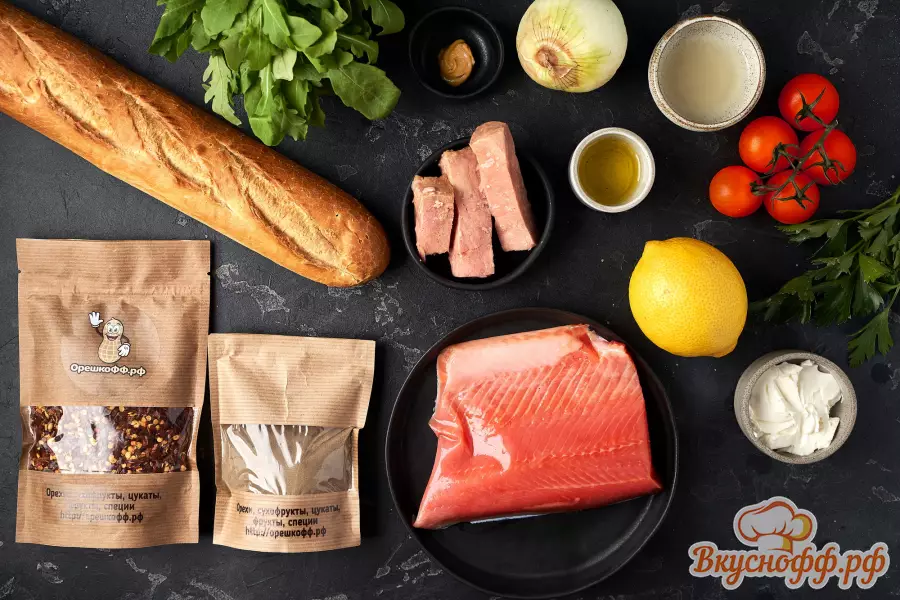 Брускетты с лососем и тунцом - Ингредиенты и состав рецепта