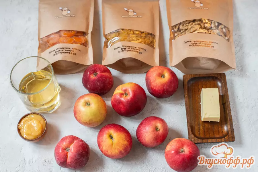 Запечённые яблоки с мёдом, орехами и сухофруктами - Ингредиенты и состав рецепта